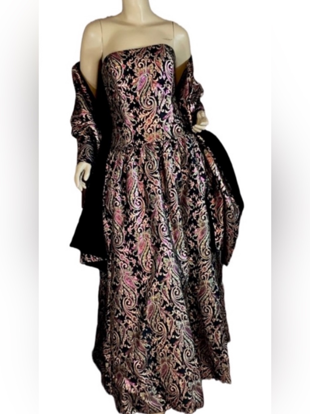 VINTAGE 1980'S VICTOR COSTA PINK, BLACK & GOLD METALLIC PRINT DRESS W/SHAWL (8) - Picture 2 of 15